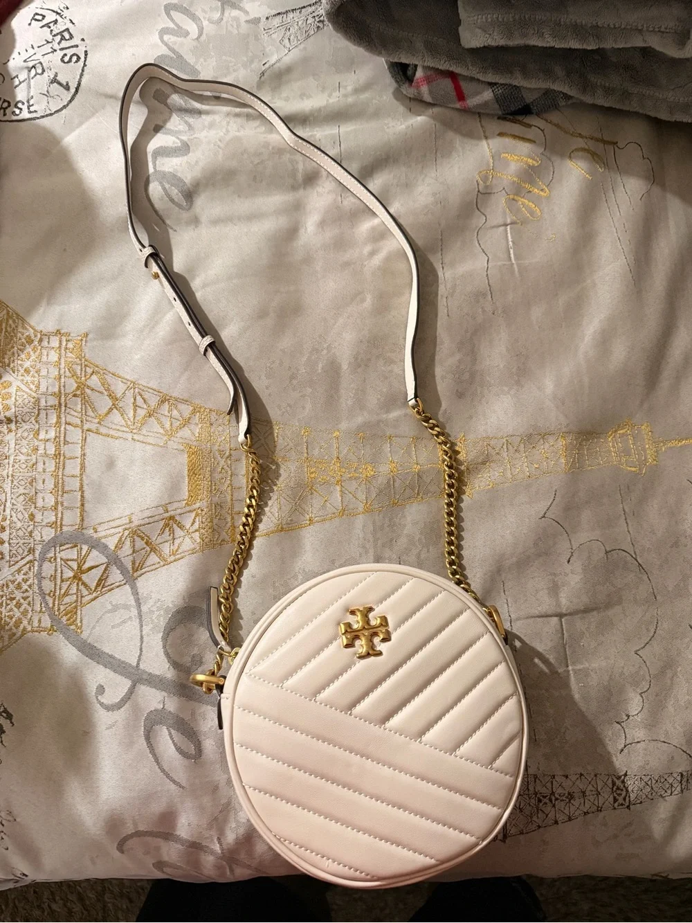 Tory Burch Cream Quilted Round Crossbody with Gold Logo